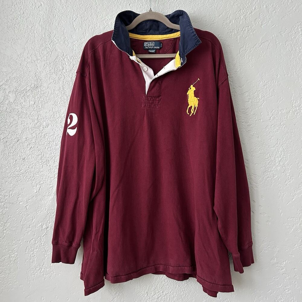 Vtg Polo Ralph Lauren Rugby Shirt Mens 4XB Burgundy Big Pony Long Sleeve